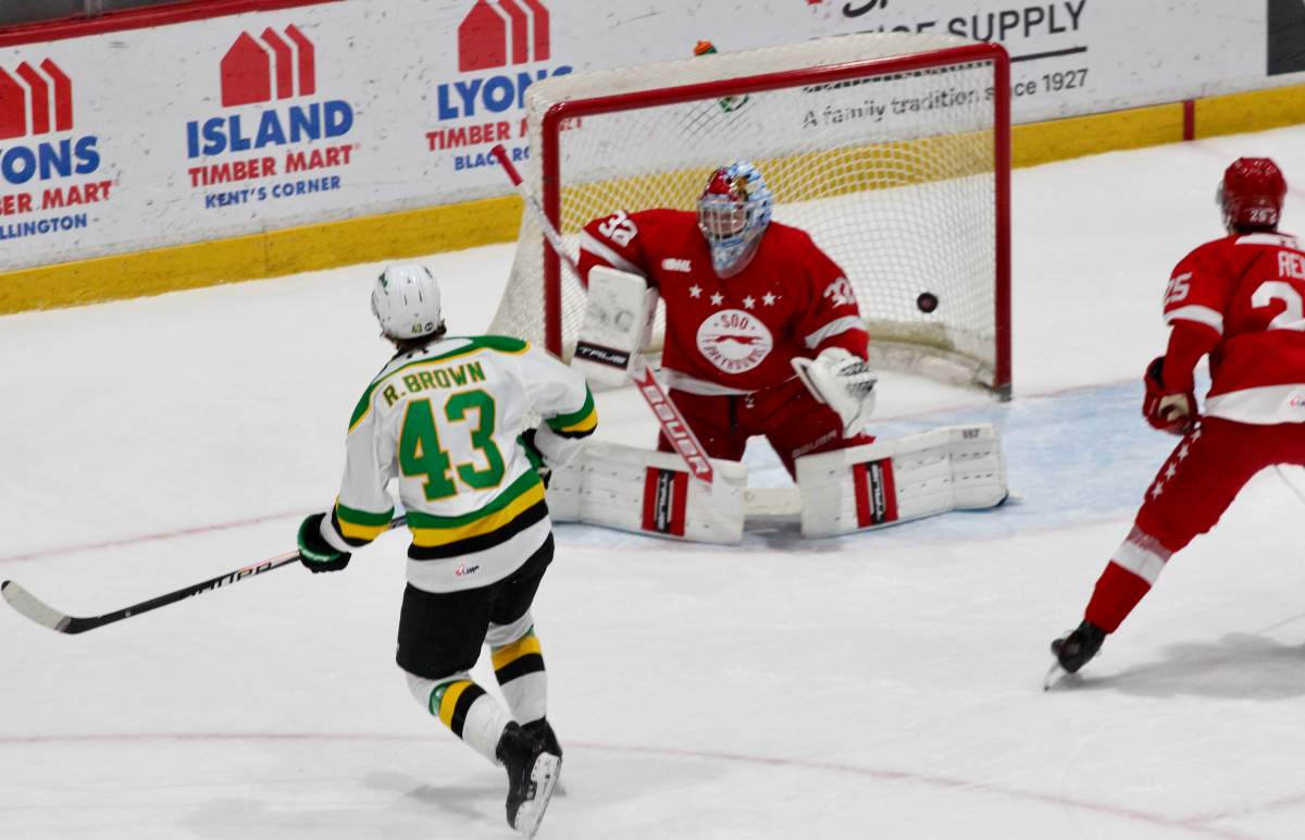 Ryan Brown scores his second goal of the game in a matchup between the London Knights and the Soo Greyhounds on Jan. 21, 2026 at the GFL Memorial Gardens.