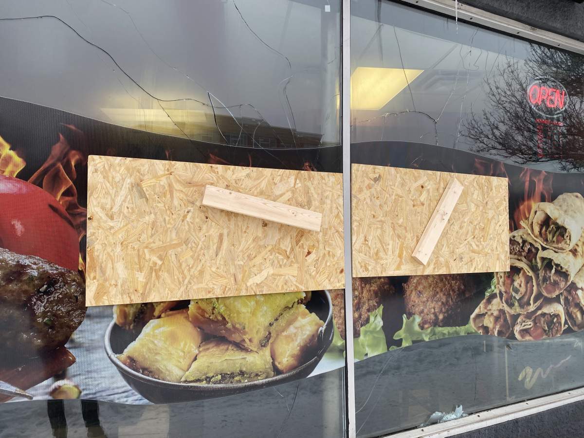 Smashed window at Habibiz Cafe