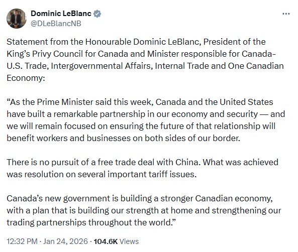 Federal Trade Minister Dominic LeBlanc says Canada is not pursuing a free trade deal with China, responding to U.S. concerns over trade.