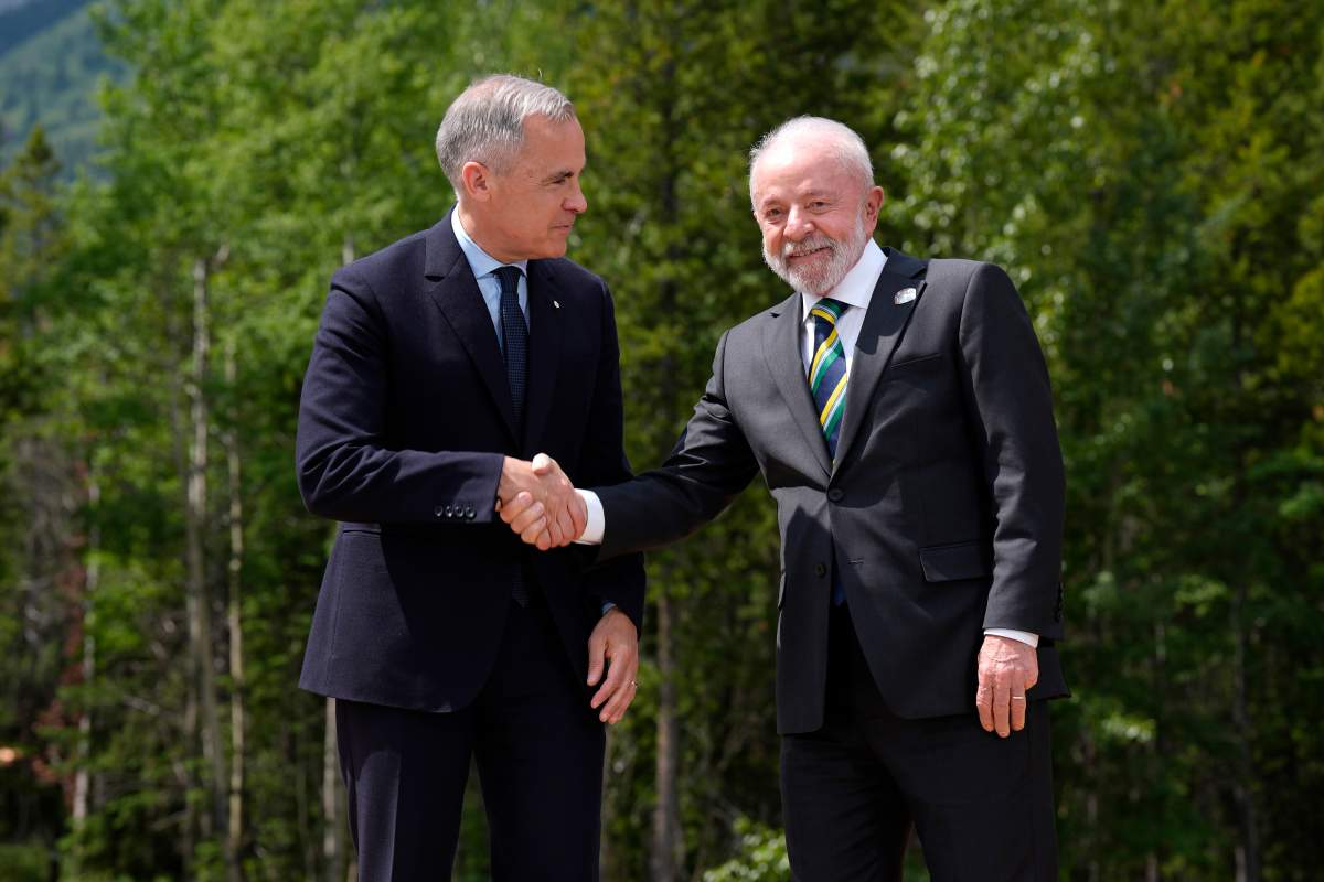 Prime Minister Mark Carney greets Brazilian President Luiz Inacio Lula da Silva at the G7 Summit in Kananaskis, Alta., on Tuesday, June 17, 2025.