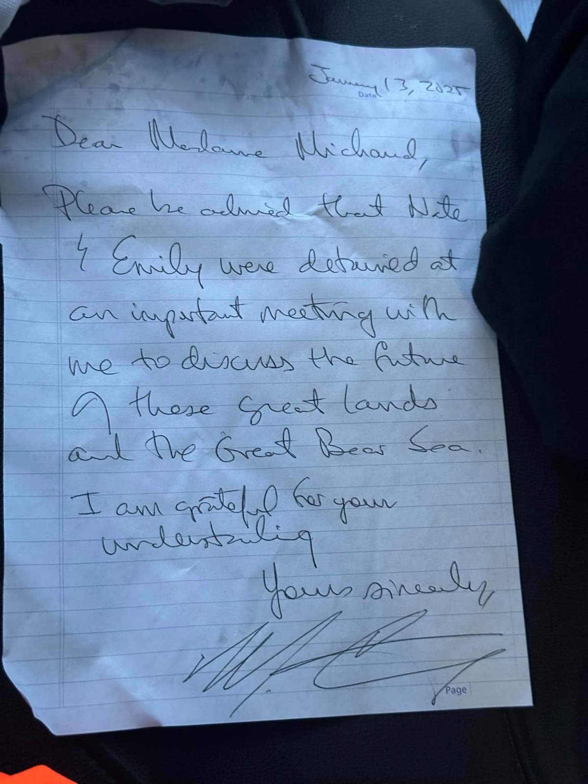 A photo of the letter Prime Minister Mark Carney wrote for three B.C. school children.