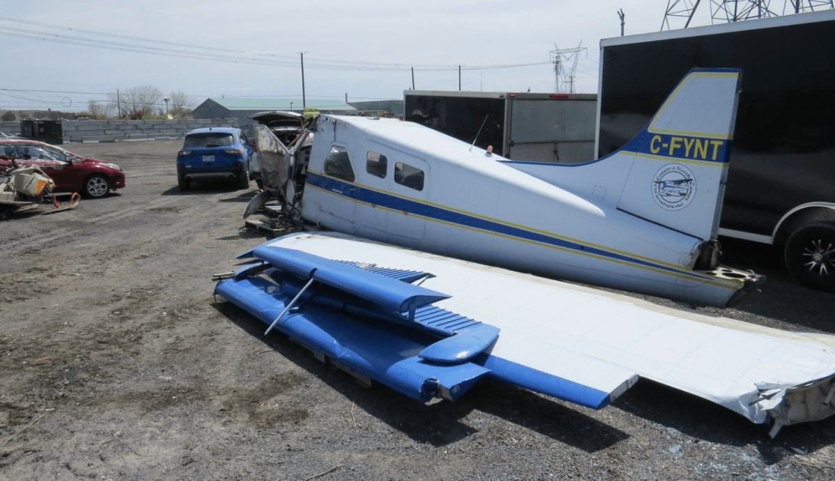 A De Havilland DHC-2 MK. I (Beaver) aircraft that crashed in the Richelieu River in St-Basile-le-Grand, Que., is shown in this handout photo following its removal from the river, on May 2, 2025. 