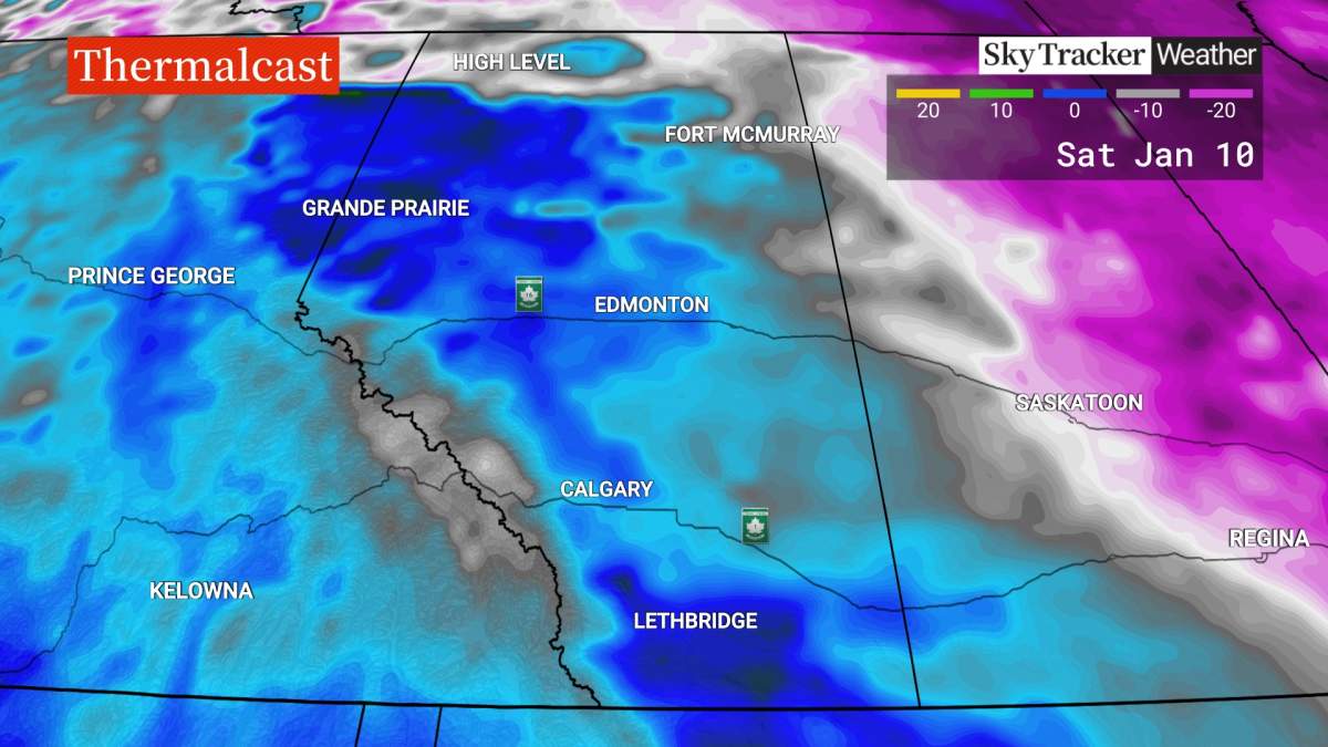The unseasonably warm weather on Saturday is forecast to stretch from the Peace Country, south to the Alberta-Montana border.
