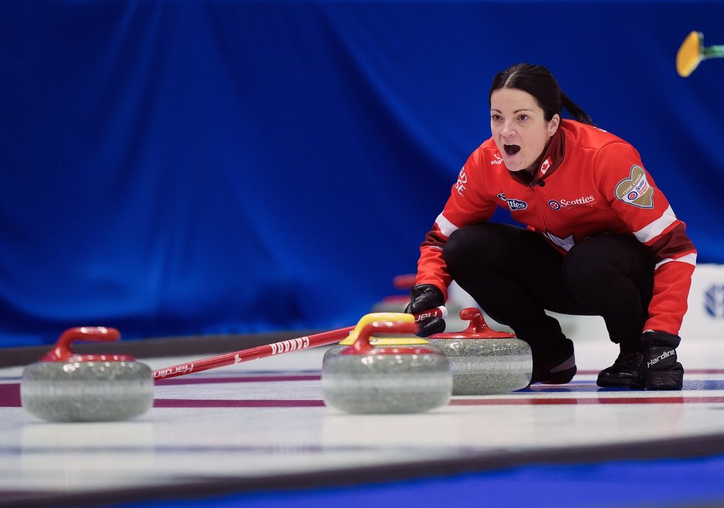 Team Canada skip Kerri Einarson yells while competing against Team Saskatchewan during the Scotties Tournament of Hearts in Mississauga, Ont., on Tuesday, January 27, 2026. THE CANADIAN PRESS/Nathan Denette.