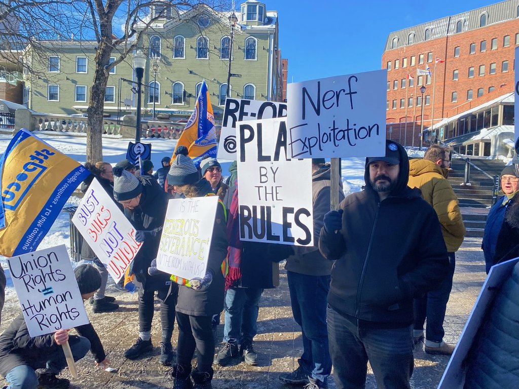 Laid-off Ubisoft workers take part in a rally in Halifax on Thursday, Jan. 29, 2026. THE CANADIAN PRESS/Lyndsay Armstrong.