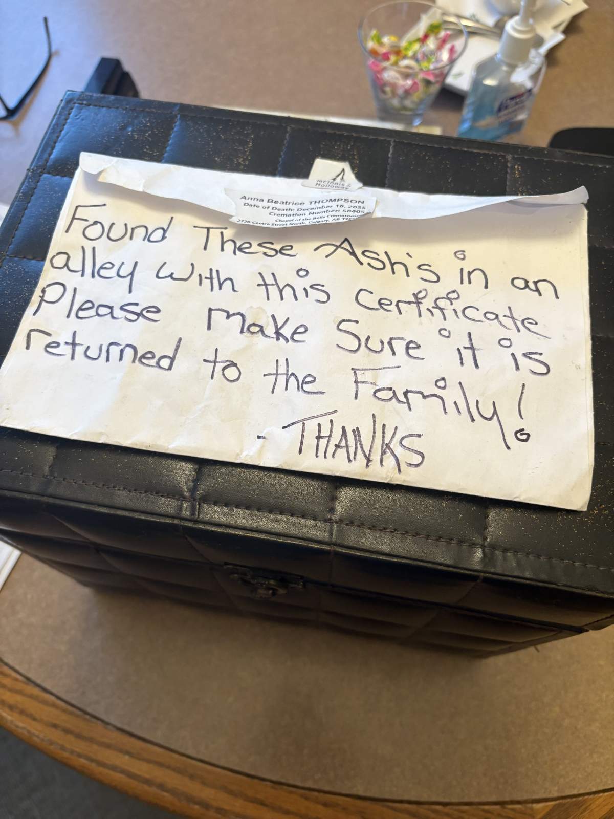 The urn containing Anna Thompson's ashes was found with a note attached asking that it be returned to her family.