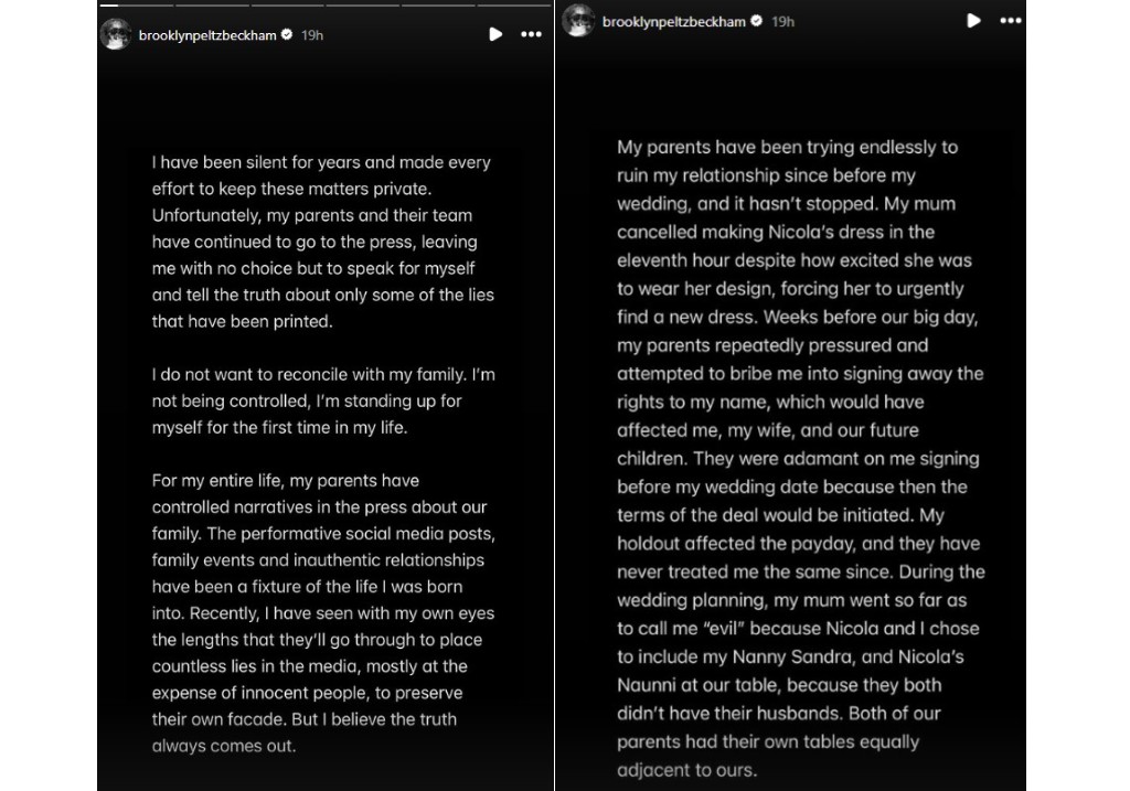 A screengrab from Brooklyn Peltz Beckham's Instagram Stories.