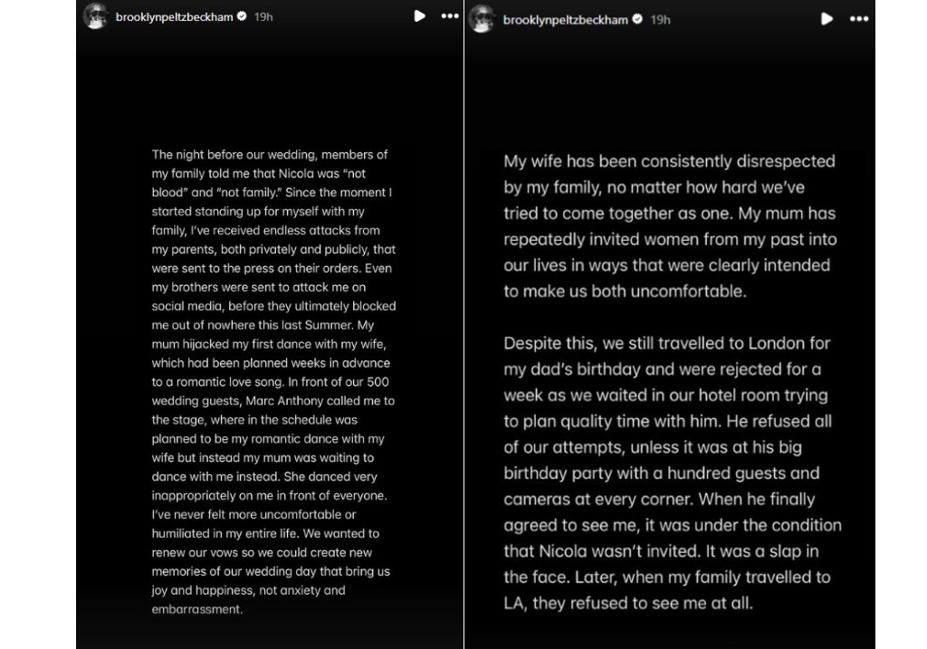 A screengrab from Brooklyn Peltz Beckham's Instagram Stories.