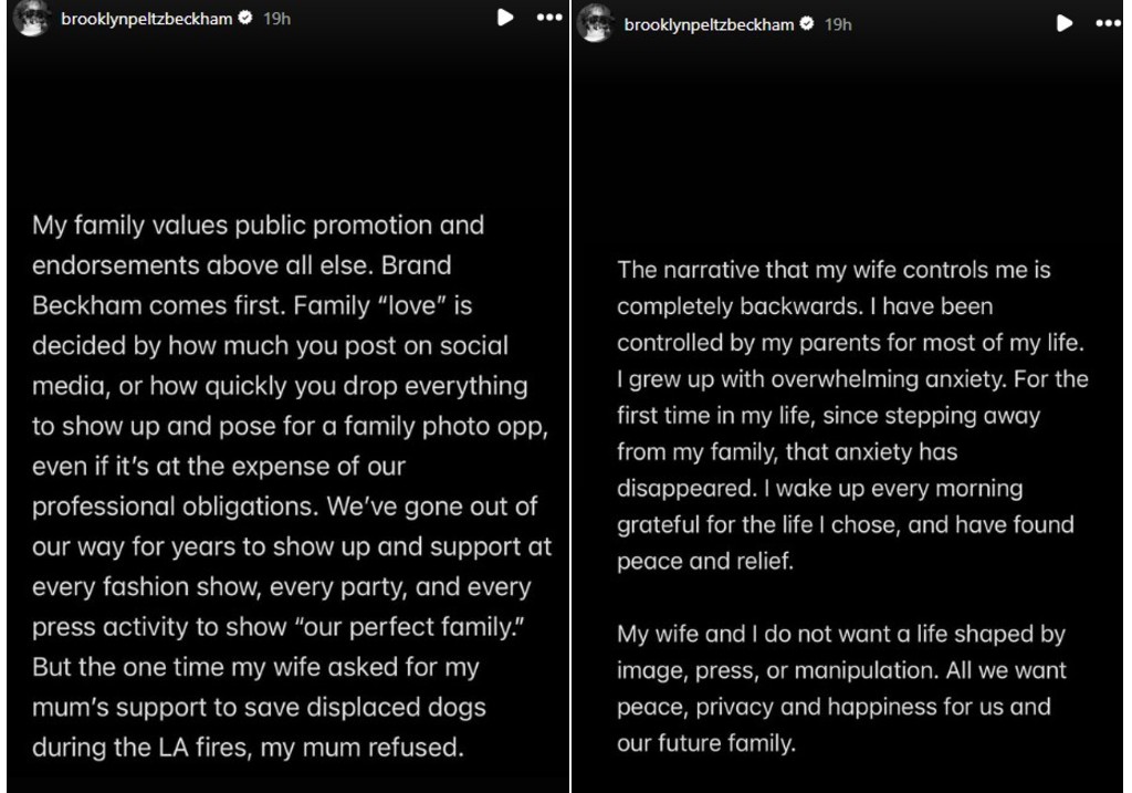 A screengrab from Brooklyn Peltz Beckham's Instagram Stories.