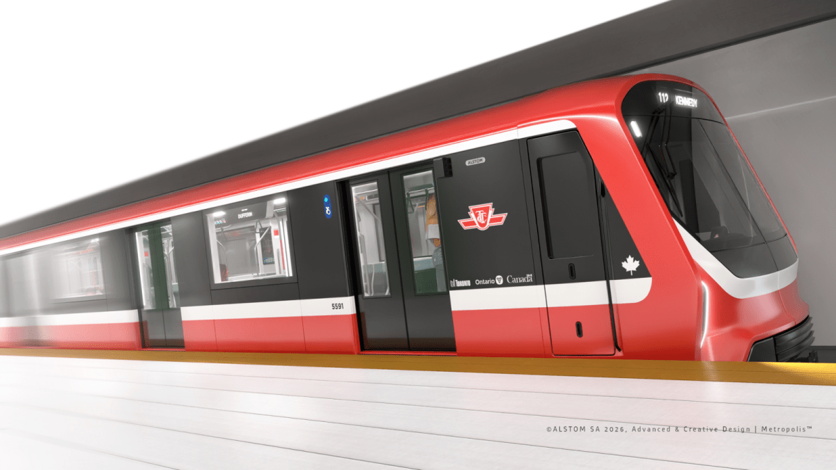 A render of one of the new Line 2 trains for the TTC.