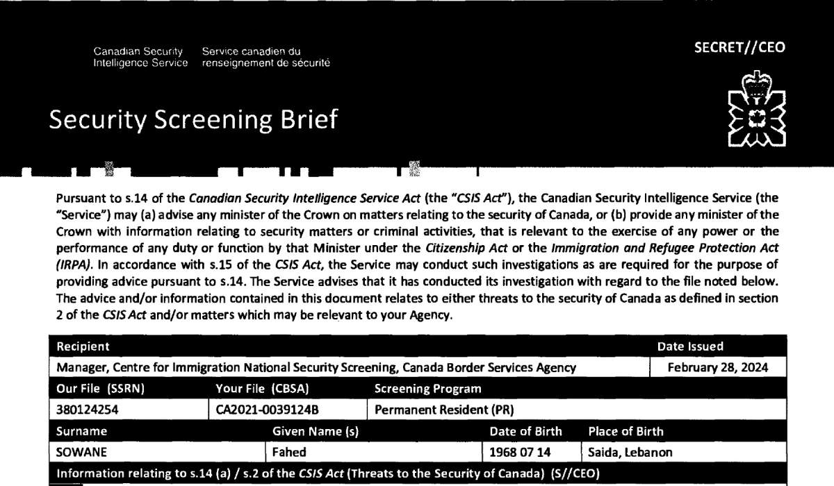 A CSIS security screening report on Fahed Sowane has been heavily redacted.
