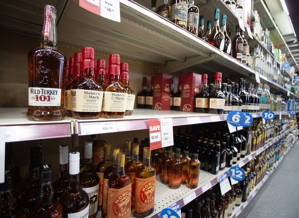 American products are shown at a Newfoundland Labrador Liquor Corporation location in St. John's on Monday, Feb. 3, 2025. THE CANADIAN PRESS/Paul Daly.