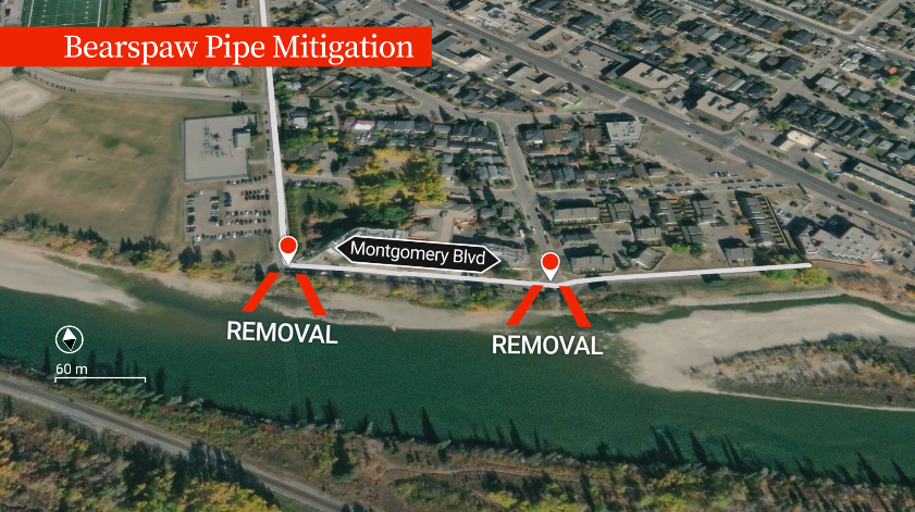 One project protecting the city from a future break in the Bearspaw feeder main involves carving out two outflow channels from the Bow River flood barrier near Montgomery Blvd.