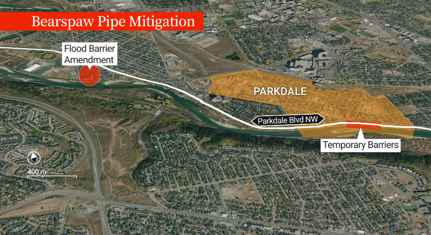 A zoomed-out look at both mitigation projects, including the temporary barriers (right) being put up in the Parkdale community.