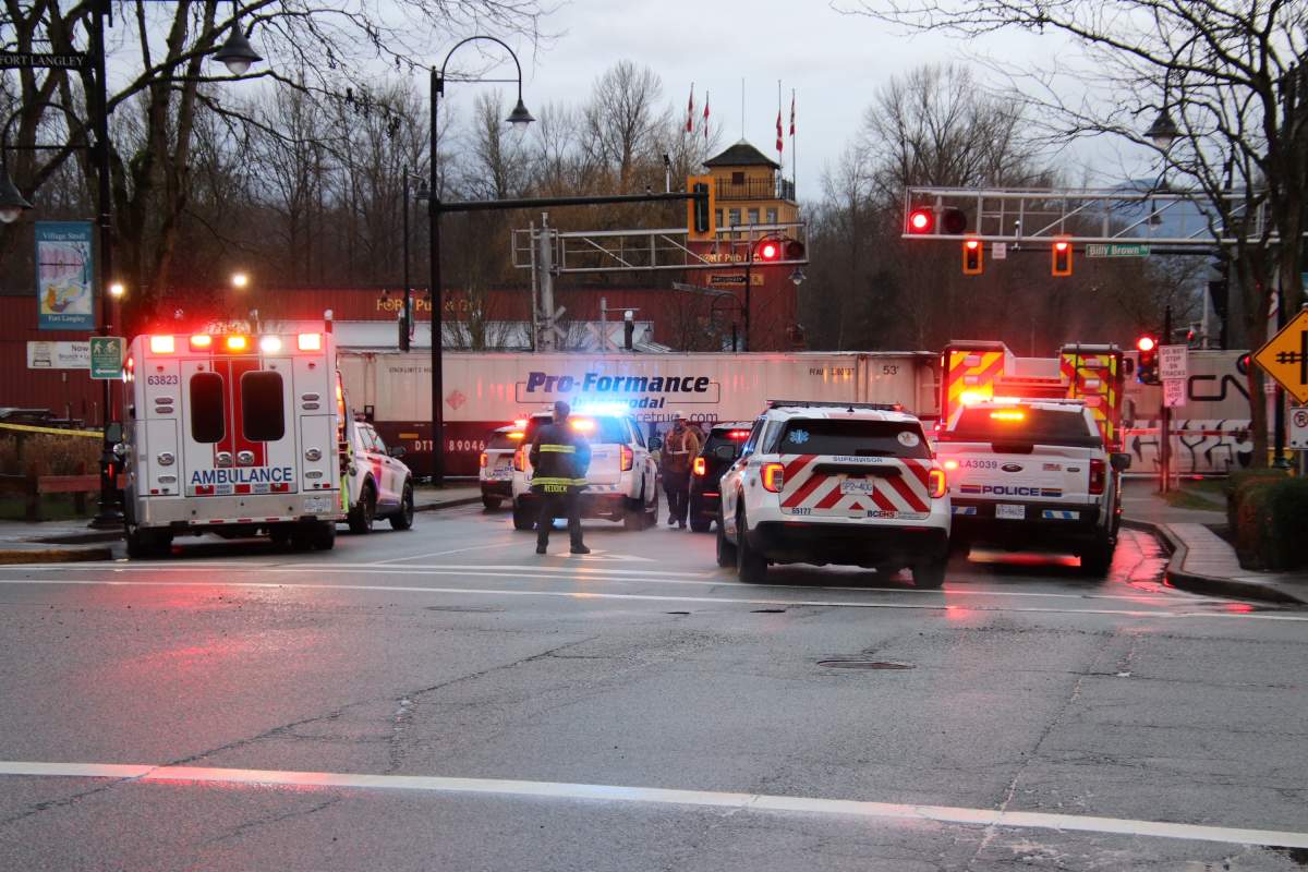 First responders on the scene of a fatal train collision in Fort Langley where a pedestrian was struck and killed.