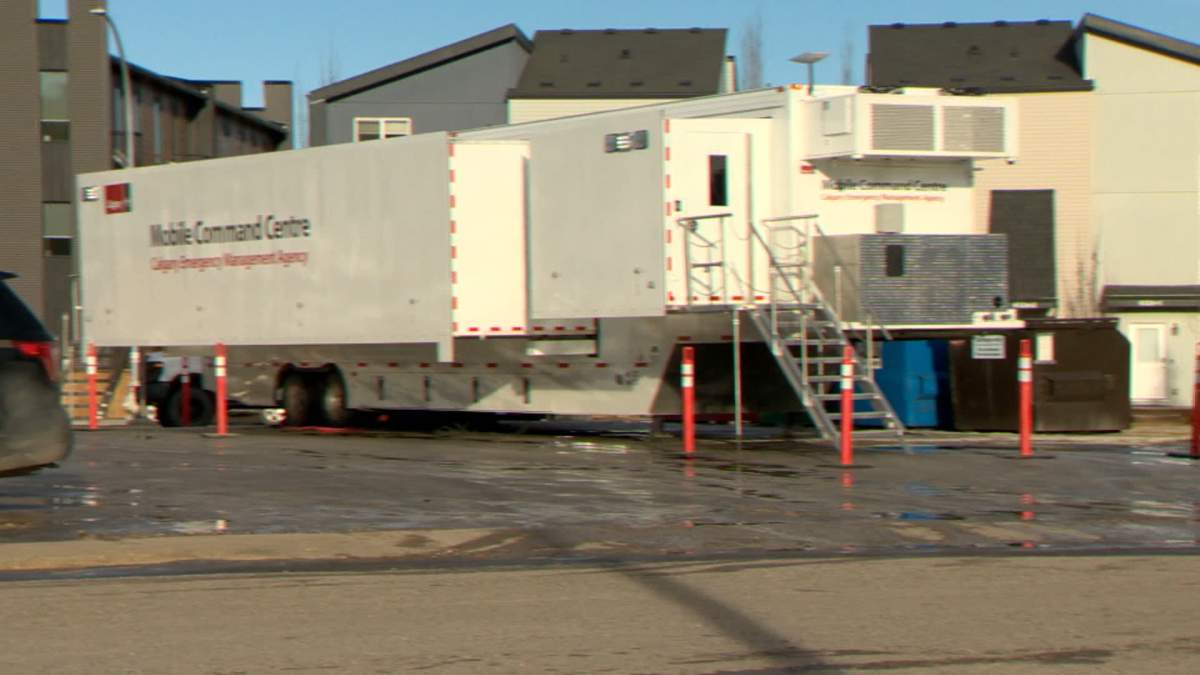 A city of Calgary mobile command centre, set up near the site of the break in the Bearspaw Feeder Main, part of the preparations the city says it is taking in case of another rupture as the system is brought back online.
