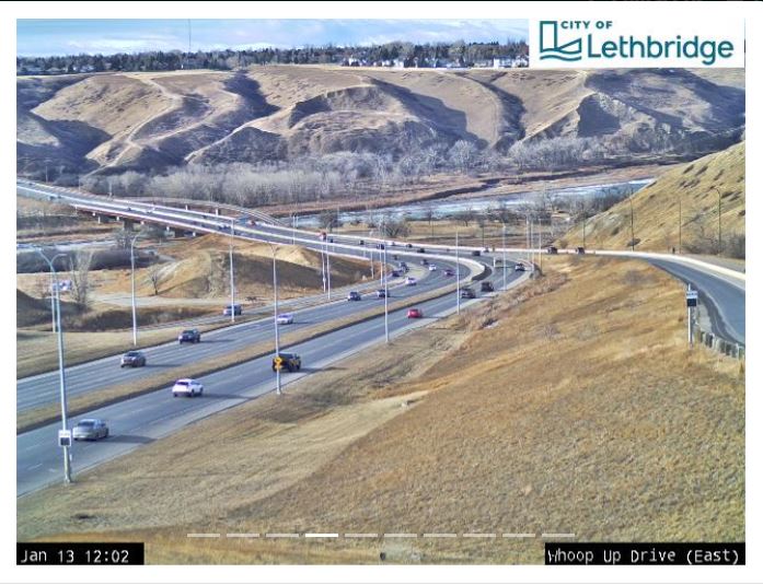 This image from a City of Lethbridge traffic camera shows how a lack of snow is contributing to the dry conditions in the Lethbridge River Valley.