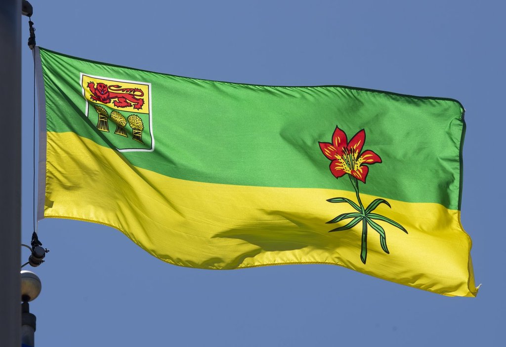 Saskatchewan's provincial flag flies on a flag pole in Ottawa on July 6, 2020. 