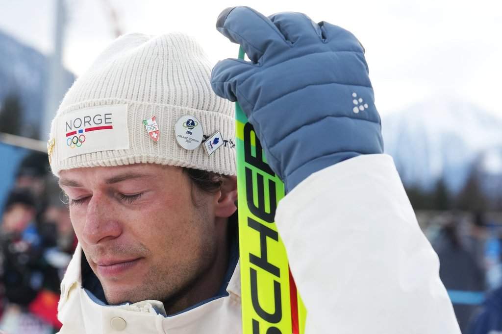 Sturla Holm Laegreid, of Norway, reacts after he won bronze in the men's 20-kilometer individual biathlon race at the 2026 Winter Olympics in Anterselva, Italy, Tuesday, Feb. 10, 2026.