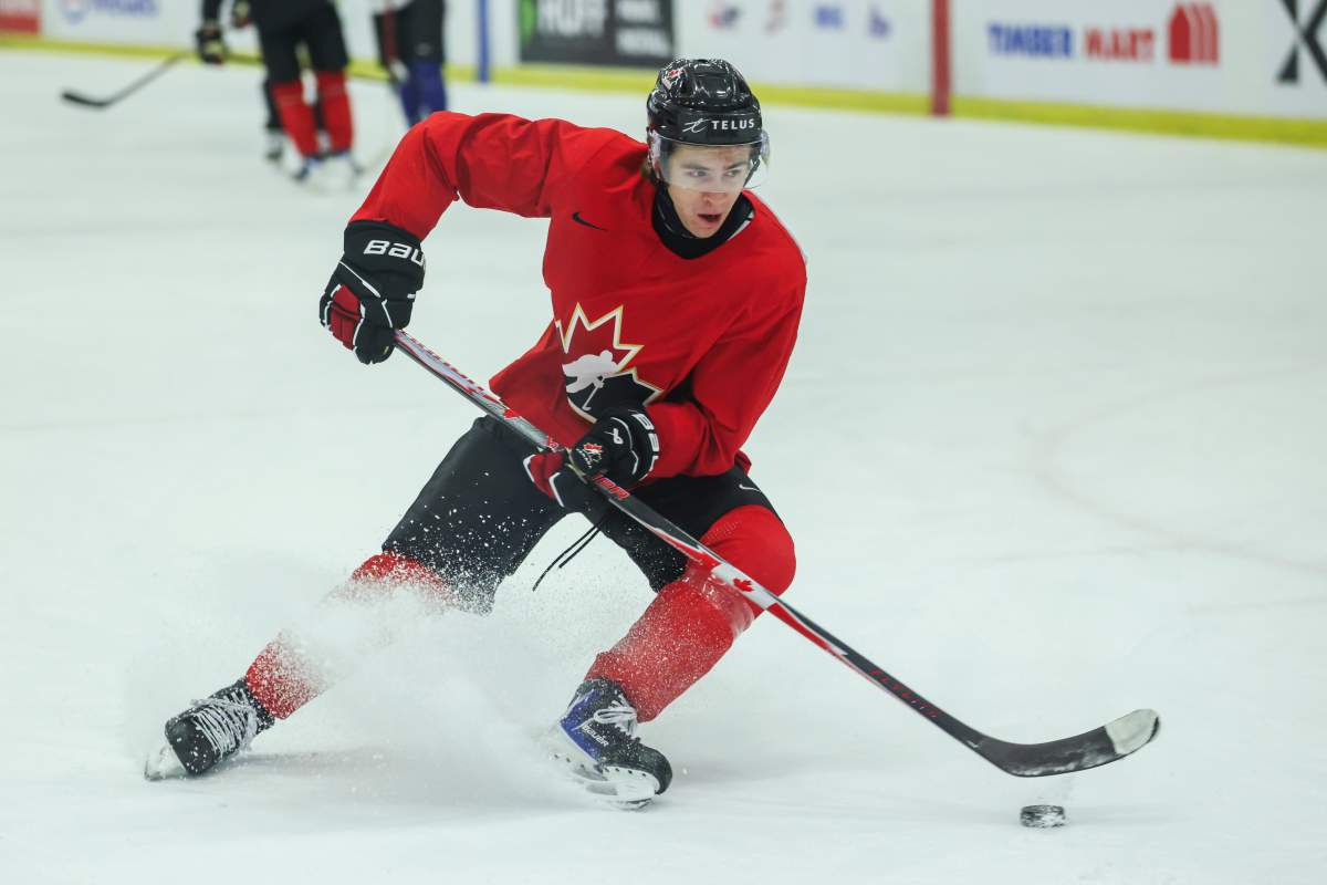 Gavin McKenna, of Whitehorse, participates in a drill during Canada's National Junior Team training camp in Niagara Falls, Ont., Tuesday, Dec. 16, 2025.