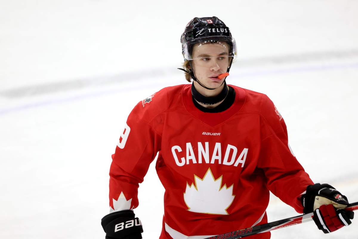 Canada forward Gavin McKenna (9) looks on during the second period of a IIHF World Junior Hockey Championship pre-tournament game against Sweden in London, Ont., Saturday, December 20, 2025.