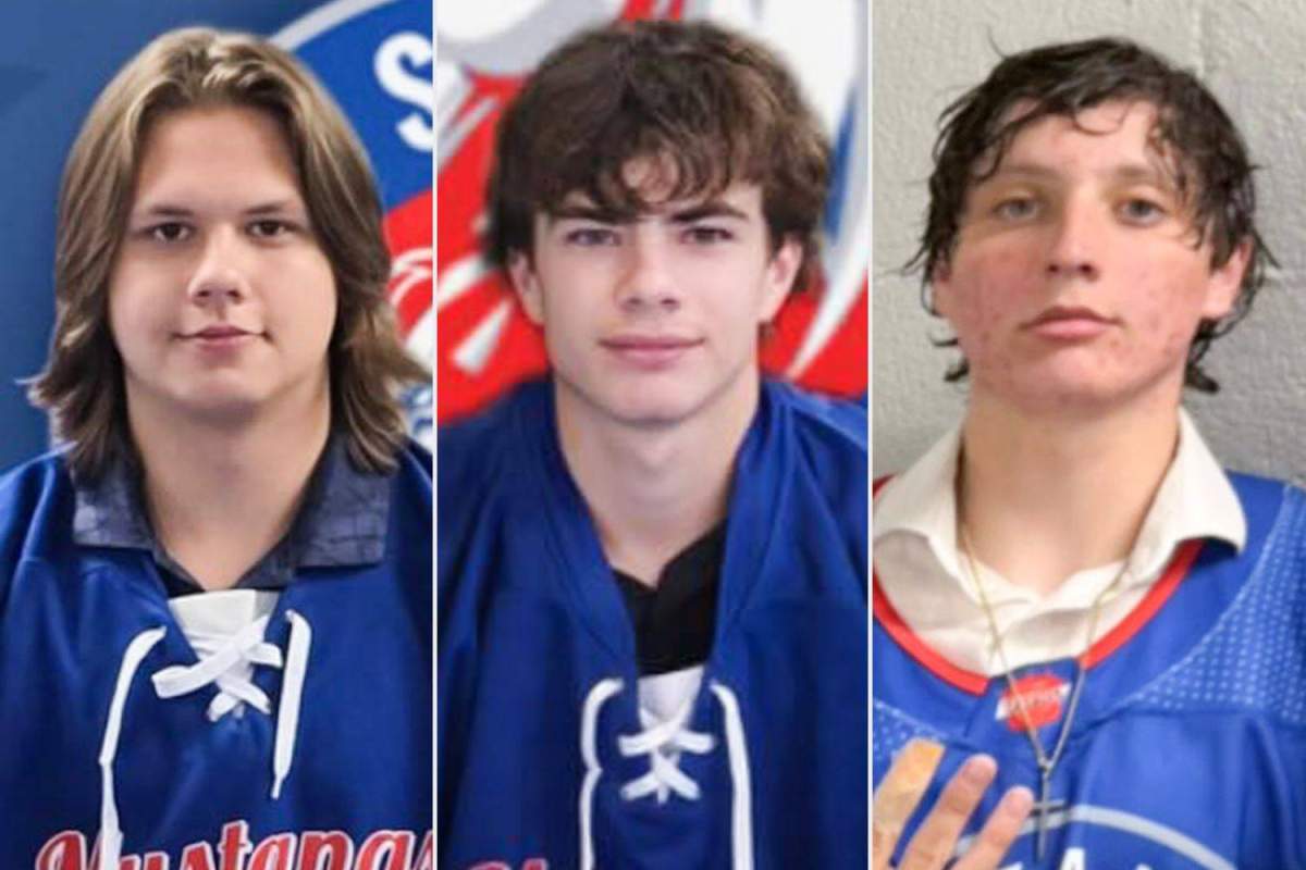Southern Alberta Mustangs players. From left to right: JJ Wright, Cameron Casorso and Caden Fine are shown in this handout image.