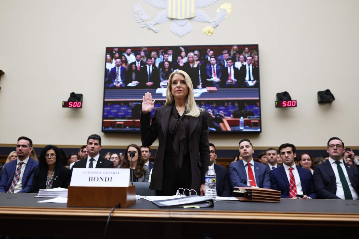 Attorney General Pam Bondi is sworn in before a House Judiciary Committee oversight hearing on Capitol Hill in Washington, Wednesday, Feb. 11, 2026, in Washington.