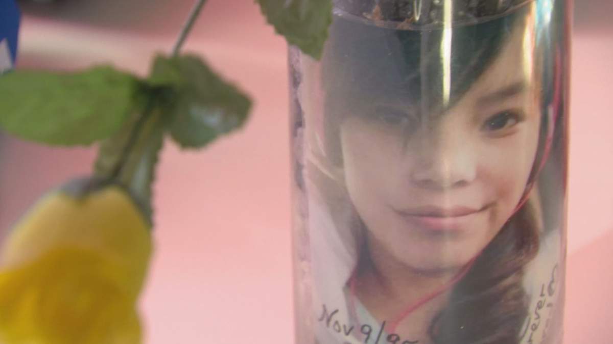A vase with Marcedes Myran’s image on it inside Donna Bartlett’s home. Bartlett says Marcedes loved yellow roses.