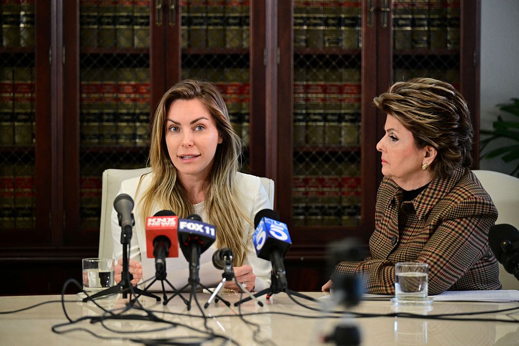 Crystal Hefner (L), widow of Playboy founder Hugh Hefner, and attorney Gloria Allred hold a press conference to announce steps they're taking to protect sexual images and information about women in Hefner's personal scrapbooks and diary in Los Angeles on February 17, 2026.