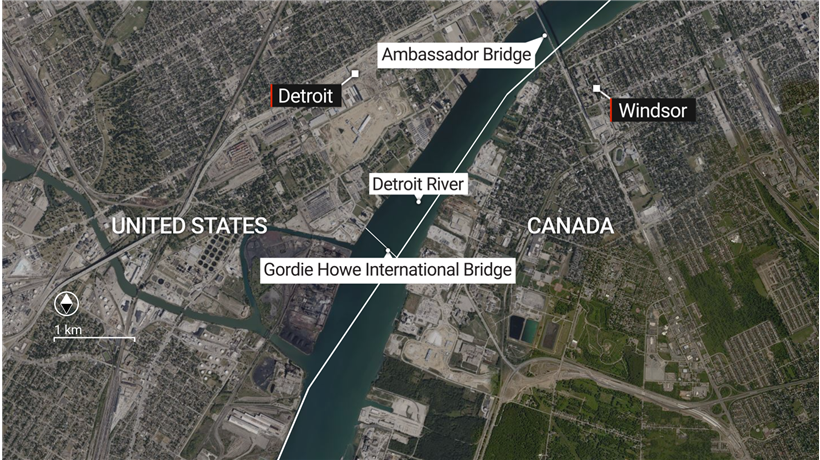 A map depicting the Gordie Howe International Bridge connecting Windsor, Ont., and Detroit, Mich.