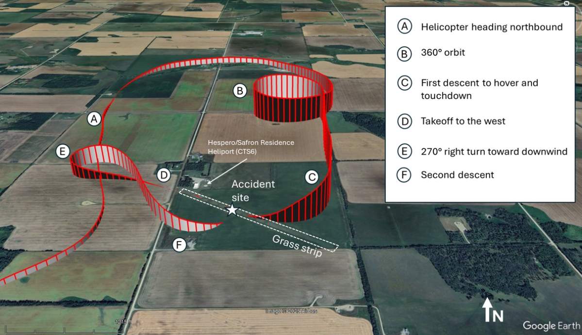 Map showing the occurrence helicopter’s flight path near Benalto, Alta., on July 6, 2025.