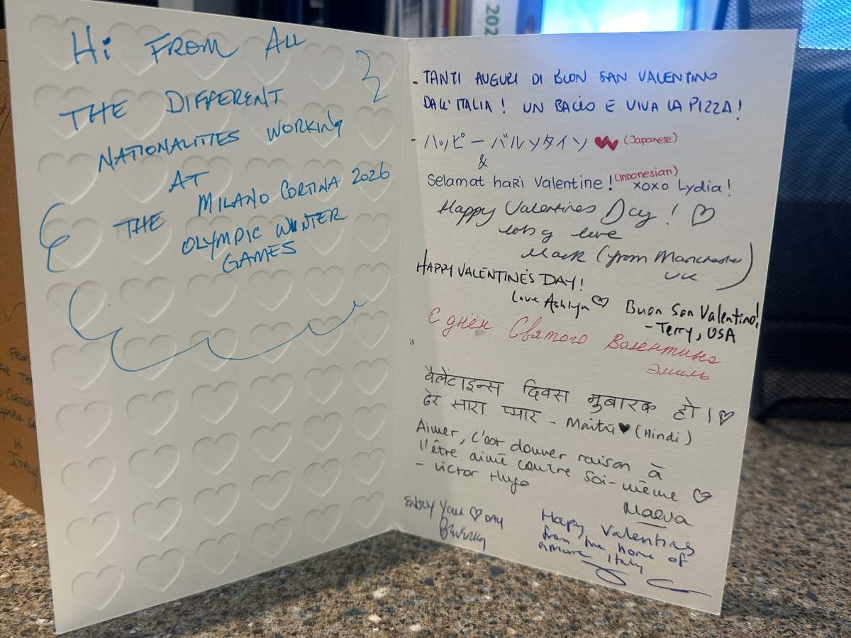 Friday’s batch of mail contained cards from some of Canada’s Olympic team in Italy.The walls of the care home’s great room — right up to the rafters — are papered with red, pink and white cards.