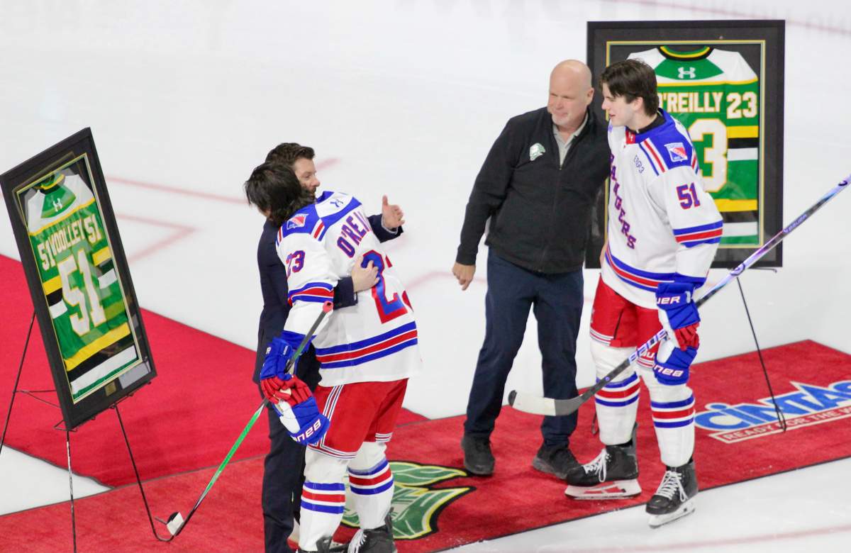 The London Knights honour Jared Woolley and Sam O'Reilly before their game against the Kitchener Rangers on Feb. 5, 2026 at Canada Life Place.