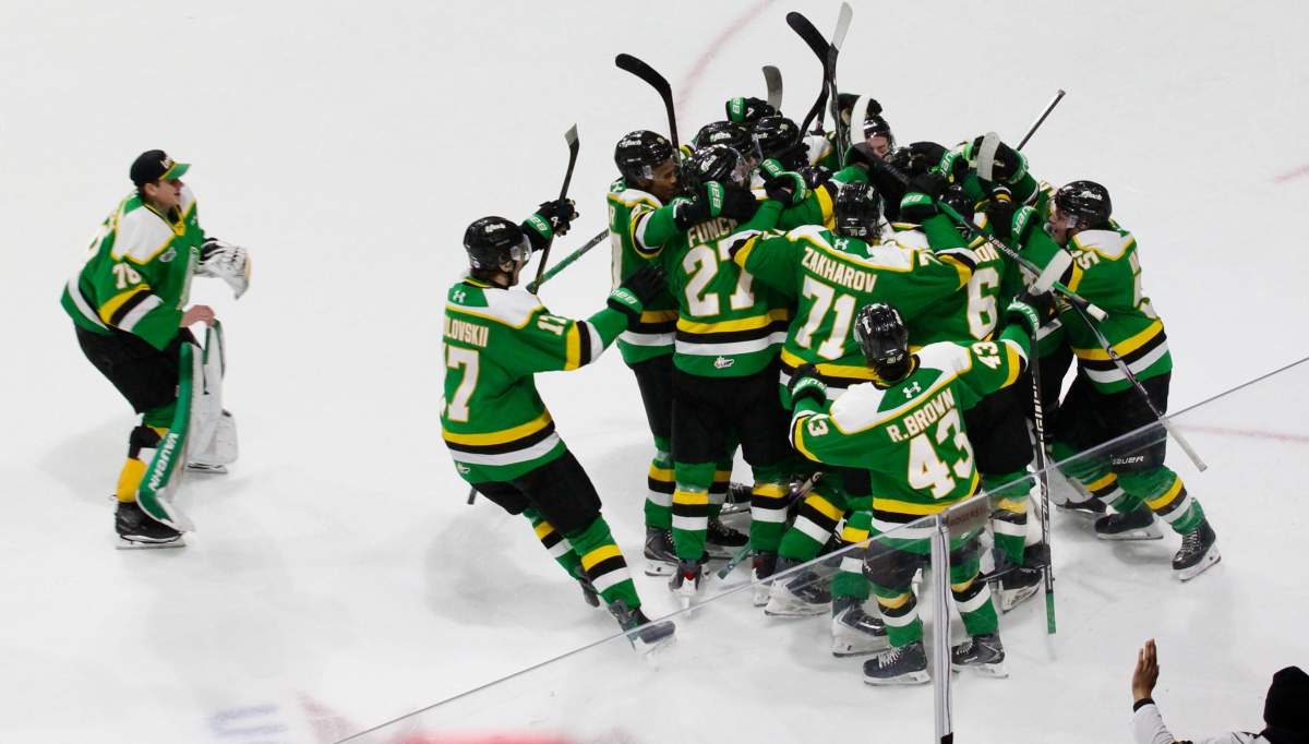 The London Knights celebrate a 5-4 overtime win over Niagara on Feb. 6, 2026 at Canada Life Place.