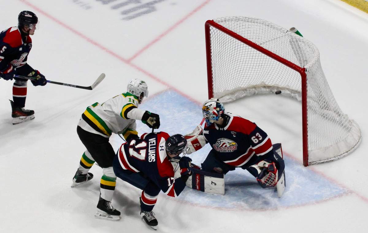 Braiden Clark scores a power play goal for the London Knights in a game against the Saginaw Spirit played at the Dow Event Center on Feb. 7, 2026.