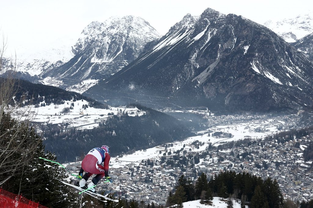 Canada's James Crawford speeds down the course during an alpine ski, men's downhill official training, at the 2026 Winter Olympics, in Bormio, Italy, Friday, Feb. 6, 2026. (AP Photo/Gabriele Facciotti).