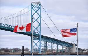 Canada and U.S. flags near the Ambassador Bridge
