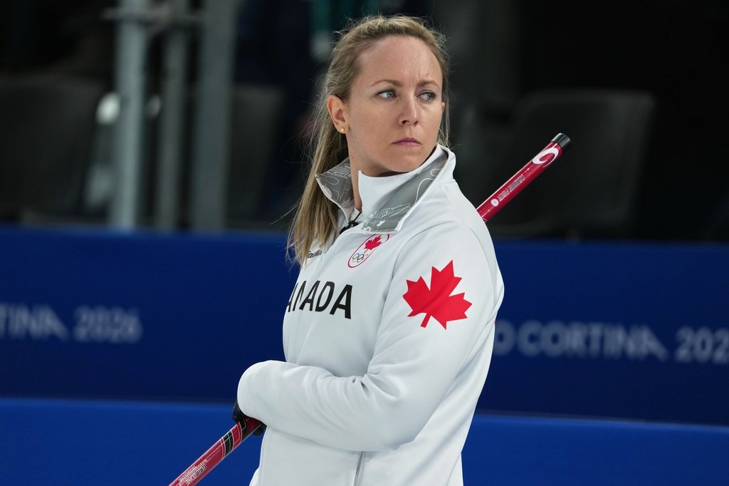 Canada's Rachel Homan looks on during the women's curling round-robin session against Sweden at the 2026 Winter Olympics in Cortina d'Ampezzo, Italy on Feb. 17, 2026. (AP Photo/Misper Apawu).