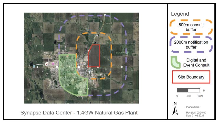 The massive Synapose data centre project is being proposed to be built at the north east corner of highway 2A and 27 in the Town of Olds, Alta.