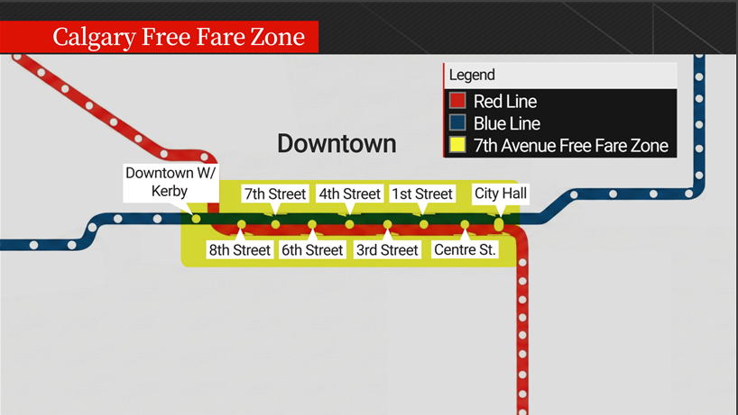 A map of Calgary Transit’s downtown free fare zone.