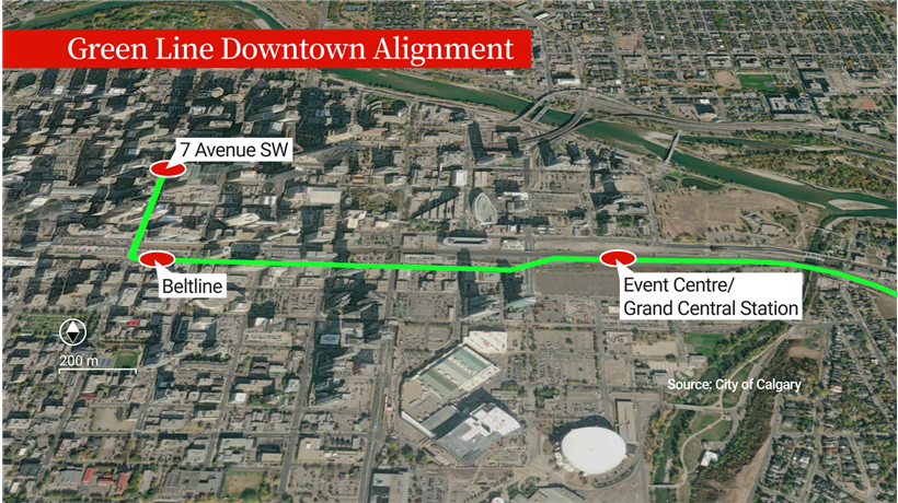 A map of the proposed elevated alignment for the Green Line LRT through downtown Calgary.