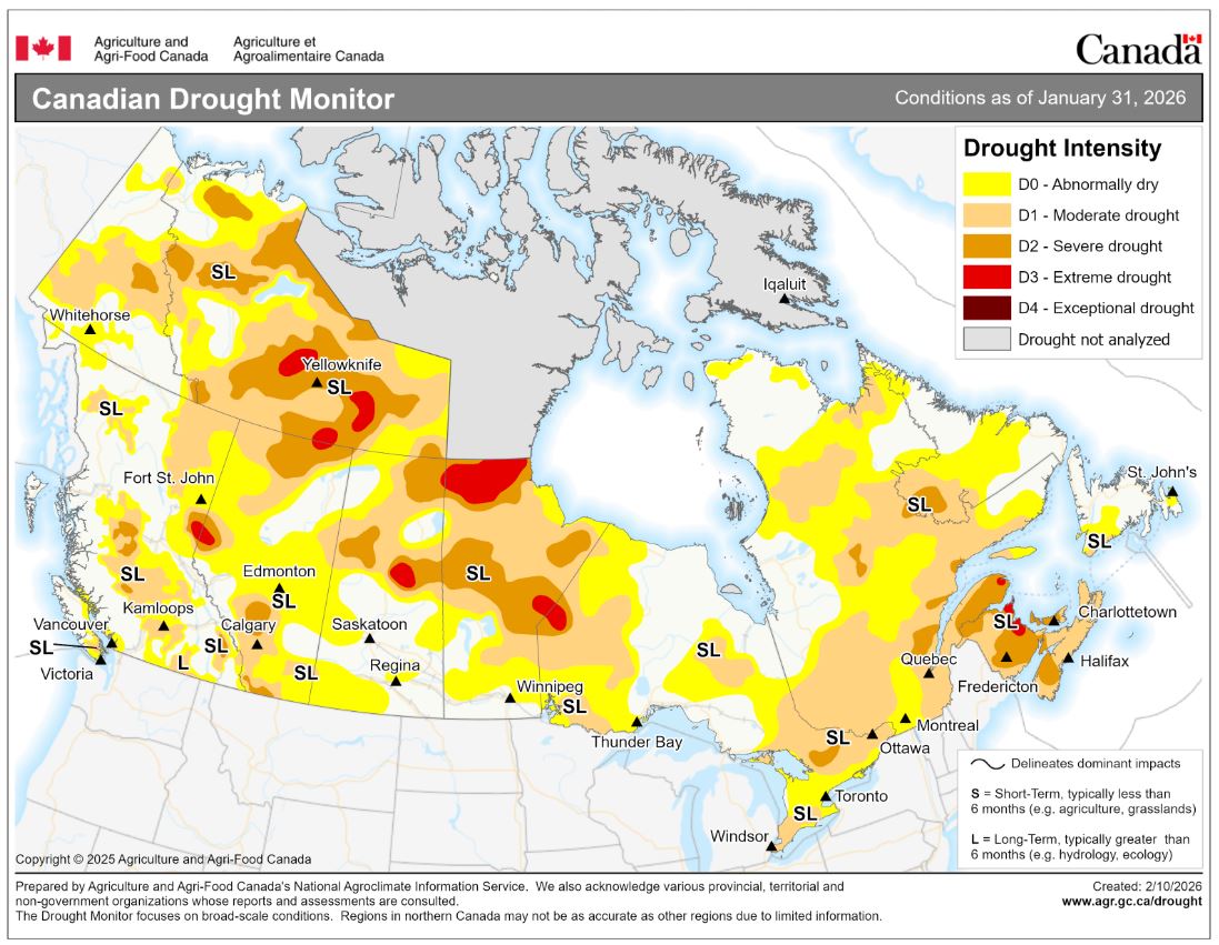 This map from the federal department of agriculture's Canadian Drought Monitor shows shows drought conditions across the country as of January 1.