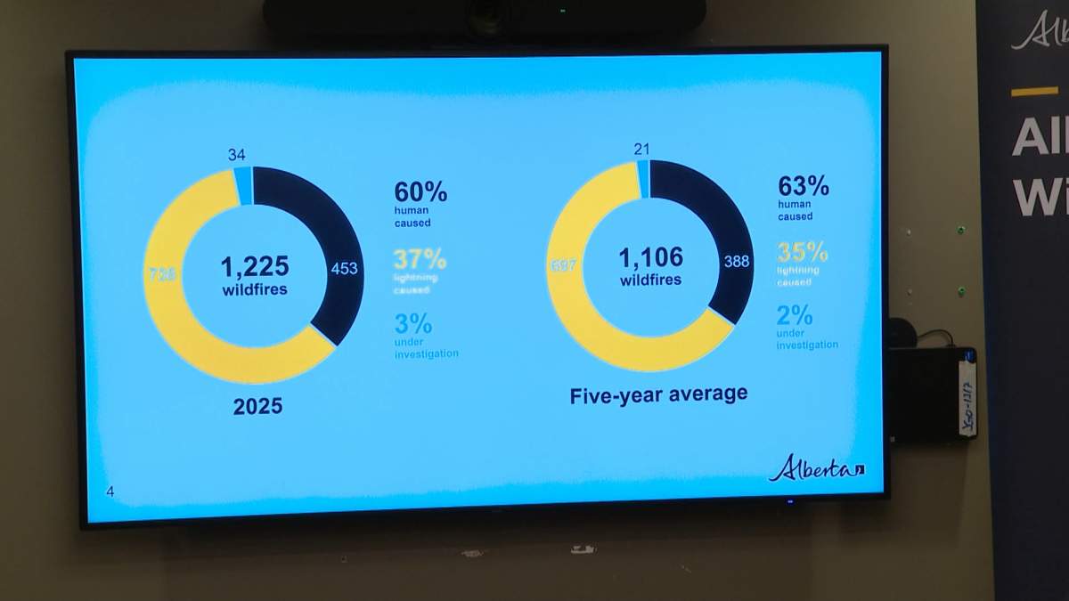 Officials with Alberta Wildfire say the 1,225 wildfires in the province in 2025 was about 10 per cent more than the five year average.