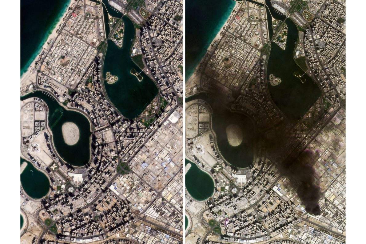 This combination of satellite images provided by Planet Labs PBC show Dubai, United Arab Emirates, on Tuesday, Feb. 24, 2026, left, and on Sunday, March 1, 2026, right. (Planet Labs PBC via AP)
