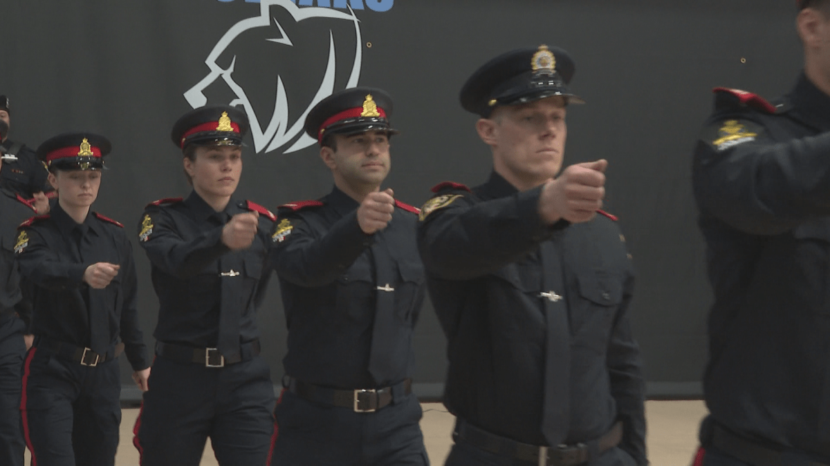 Lethbridge Police cadets march into their graduation parade.