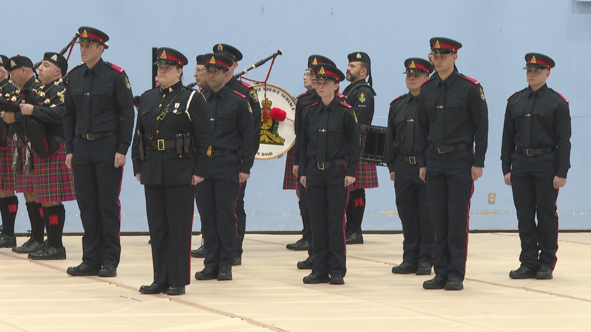 Police cadets stand in formation during their graduation ceremony in Lethbridge on March 5, 2026.