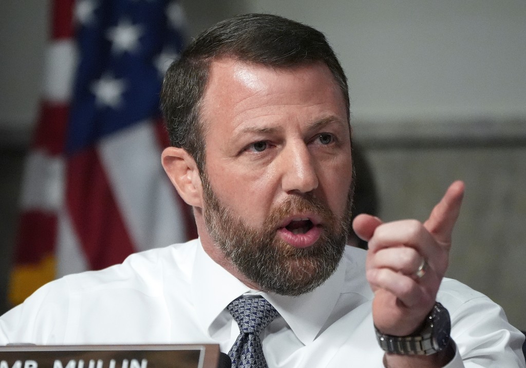 Markwayne Mullin, R-Okla. appears before the Senate Armed Services Committee for his confirmation hearing, at the Capitol in Washington, Tuesday, Jan. 14, 2025.