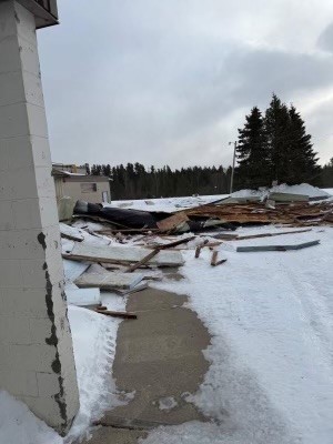 High winds ripped parts of the roof off the Swan Hills School in Swan Hills, Alta. on Sunday, March 8, 2026.