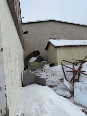 High winds ripped parts of the roof off the Swan Hills School in Swan Hills, Alta. on Sunday, March 8, 2026.