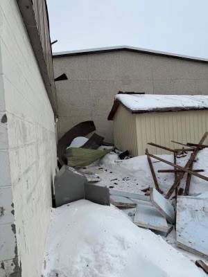 High winds ripped parts of the roof off the Swan Hills School in Swan Hills, Alta. on Sunday, March 8, 2026.